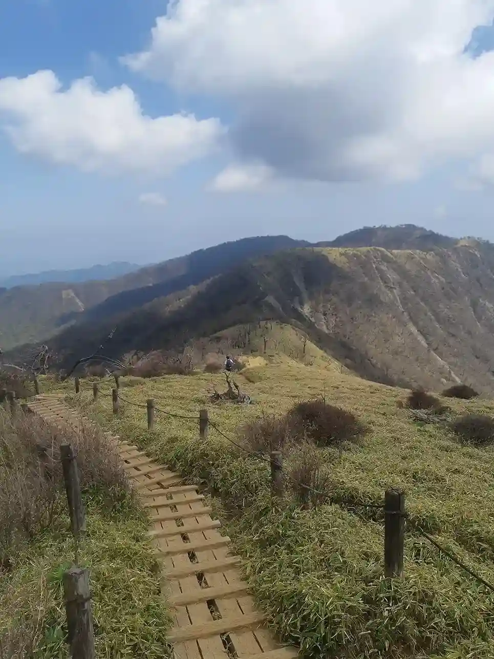 丹沢の山。正面から奥に向かって木道が尾根上に続いており、その奥に山が写っている画像